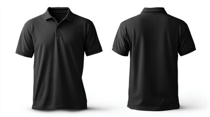 Stunning photo of black men's polo shirt template with front and back views, ideal for graphic design mockups, presented on a white background.