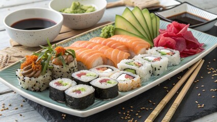 Salmon nigiri sushi rolls avocado ginger maki