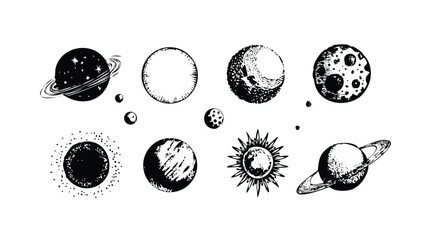 Celestial Bodies Icon Pack in Stipple Ink Style. Black and White Vector Collection of Space Objects. Vintage Astronomy Engraving Set