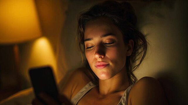 Young woman lying in bed at night looking at phone screen, soft warm lighting and intimate evening mood.