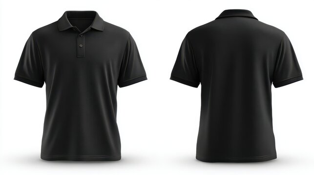 Stunning photo of black men's polo shirt template with front and back views, ideal for graphic design mockups, presented on a white background.