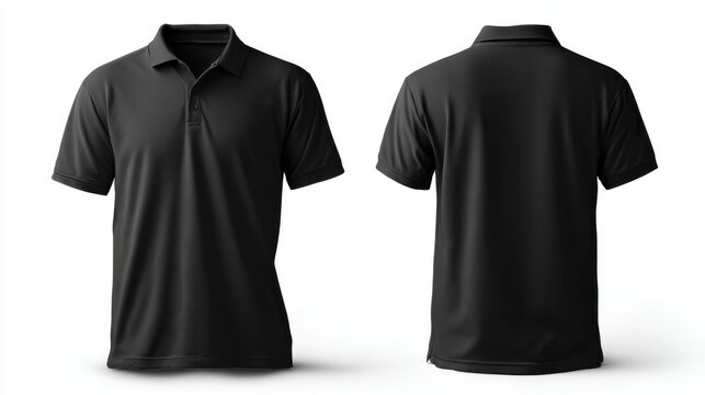 Stunning photo of black men's polo shirt template with front and back views, ideal for graphic design mockups, presented on a white background.