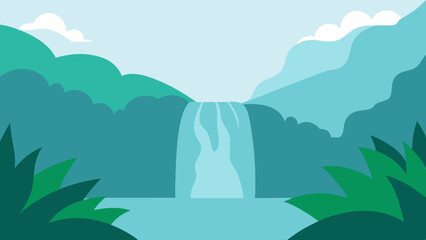 Serene tropical waterfall cascading down lush green cliffs into a clear blue pool © amenagraphics