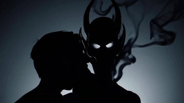 A whispering, translucent demonic silhouette behind a human head, smoke tendrils entering ears, dark tones, soft focus, psychological horror-inspired lighting