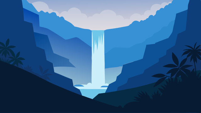 Serene blue waterfall cascading down rocky cliffs in a lush jungle landscape