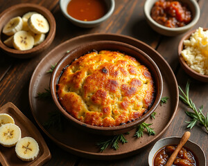 Delightful savory dish baked to perfection surrounded by fresh ingredients on a rustic wooden table