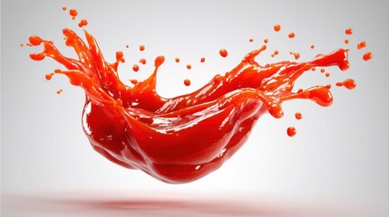 Stunning photo of floating mid-air splash of tomato ketchup or sauce isolated background, with droplets scattered dynamic fluidity flavor food freshness, culinary artistry.