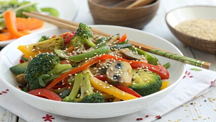 Vibrant vegetable stir fry with sesame seeds broccoli
