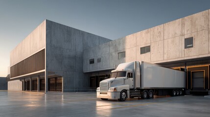 Stunning photo of realistic render of large logistic business transport warehouse dock station. Factory and transport house. Commercial office building.