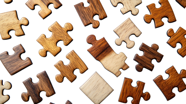 Scattered wooden puzzle pieces on black background