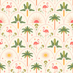 Tropical seamless pattern vector illustration. Pink flamingos, bright palm trees, sun shapes on light scallop arch background. Summer beach vacation vibes repeat tile design, modern symmetrical style