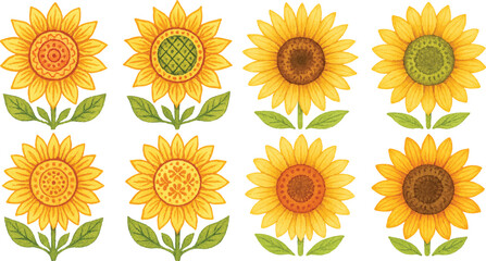 Hand-Drawn Watercolor Sunflower Illustration Set Colorful Single Bloom Floral Elements with Petals and Leaves, Isolated Transparent Background for Botanical Art, Packaging, and Decor | Generative AI