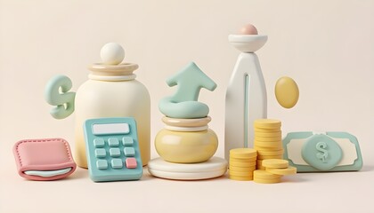 Financial planning and accounting concept with a collection of 3D pastel icons including calculator, money, and growth arrow.