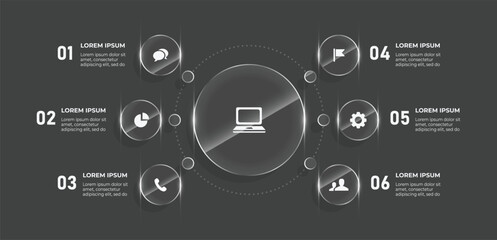 3D Glass Effect 6 Option Flow Chart &ndash; Business Infographic Vector Template with Media and Technology Interface Icons