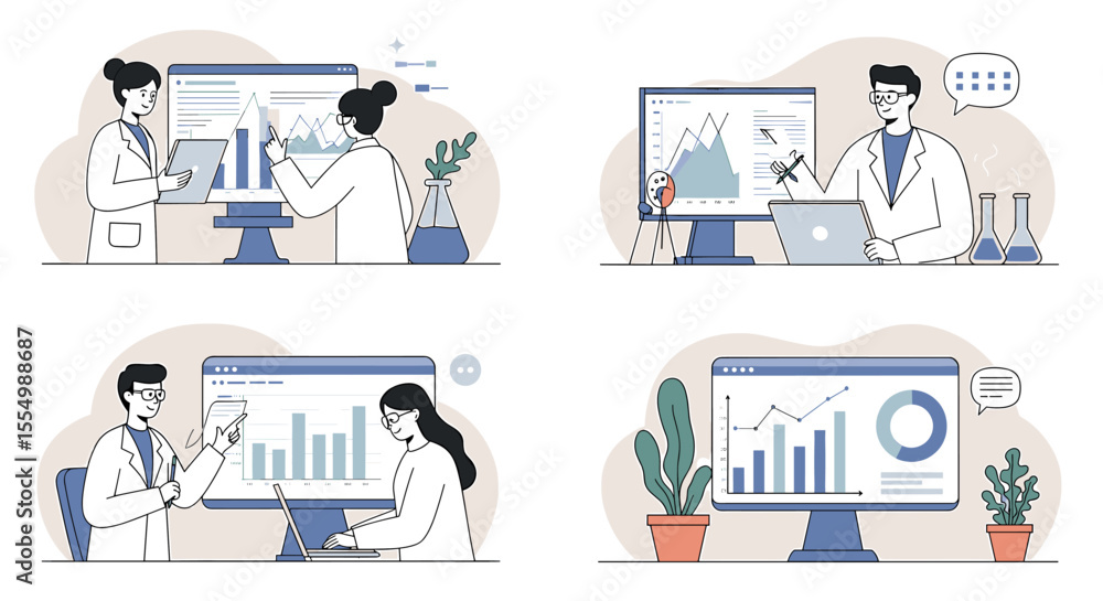 Poster scientists analyzing data charts and graphs on computer screens in a laboratory