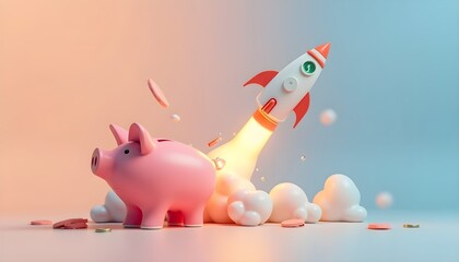 Financial growth and investment success concept, with a rocket launching behind a pink piggy bank.