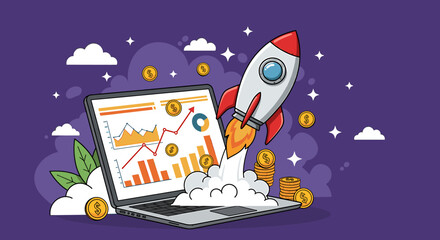 Rocket Launching from Laptop Screen Illustrating Financial Growth and Success