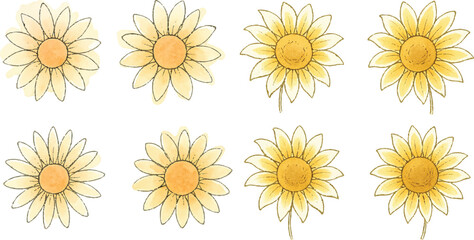 Hand-Drawn Watercolor Sunflower Illustration Set Colorful Single Bloom Floral Elements with Petals and Leaves, Isolated Transparent Background for Botanical Art, Packaging, and Decor | Generative AI