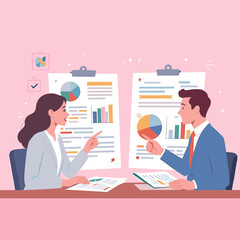 Businesswoman and Businessman Analyzing Charts and Graphs in a Meeting