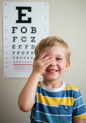 smiling young boy covering one eye standing in front of chart in optometrist office. vision test, eye care, optometry concept. healthcare, children’s vision, national vision exam month