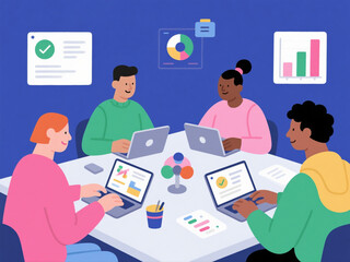 Vector illustration of diverse business people working on laptops in modern office, minimal color palette on white background