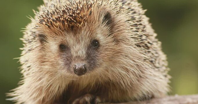 Northern white-breasted hedgehog (Erinaceus roumanicus) staring right into the camera from a very close range