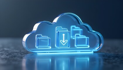 Glowing blue glass icon representing cloud storage, file sharing, and data download from online folders.