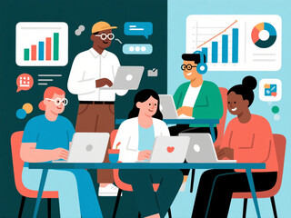 Vector illustration of diverse business people working on laptops in modern office, minimal color palette on white background