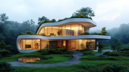 Modern futuristic house with curvilinear design and large glass surrounded by lush greenery landscape