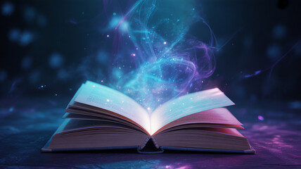 Open Book with Magical Light Effects in Dark Background