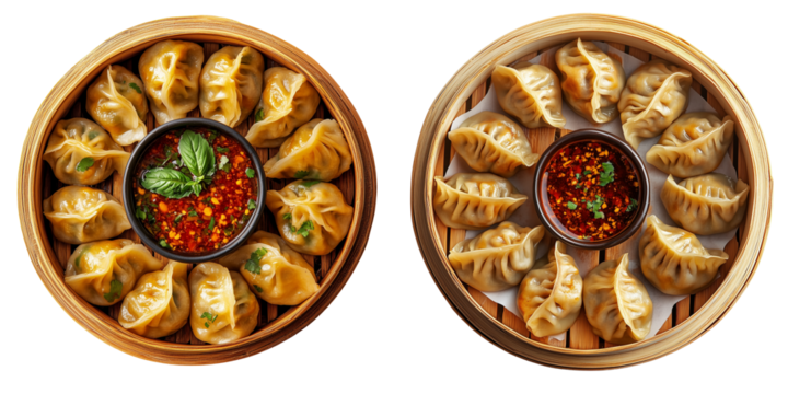 Set of Nepalese momo dumplings in bamboo steamer isolated on transparent or white background