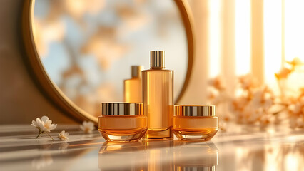 Beauty products skincare luxury cosmetic cream serum bottle gold mirror flowers elegant spa treatment