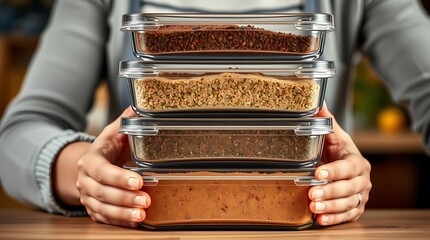 A busy person quickly organizes colorful spices into a stack of clear plastic containers in a kitchen. Their hands move deftly, showcasing the ease of storage and visibility of contents.