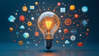 Central idea and innovation concept shown by a glowing lightbulb connected to a network of business and technology icons.