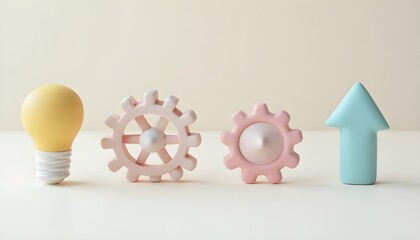 Innovation and growth process concept shown in a lineup of 3D pastel icons: idea, process, and progress.