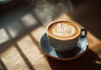 Steaming latte art coffee cafe sunlight wood