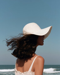 Back view of woman with hat enjoying the beach on a sunny day
