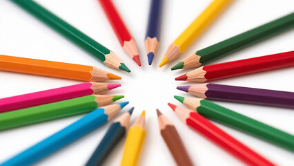 Naklejka premium Colorful collection of sharpened pencils arranged in a circle on a white background