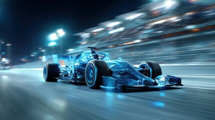 Powerful acceleration of a generic blue Formula One car on the night racing track of a sports stadium in motion blur. The concept of fast and powerfu.