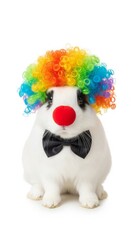 rabbit dressed as a clown with a colorful wig, red nose, and bow tie. Humorous and surreal animal portrait on white background