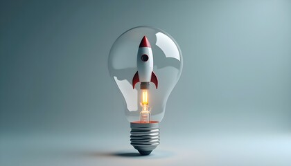 Innovative startup idea concept shown as a rocket launching inside a glass lightbulb.