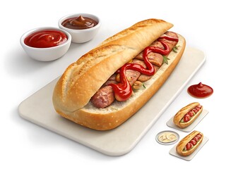 Delicious gourmet hot dog with sausages and ketchup on a bun served with dipping sauces isolated on white background