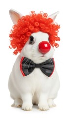 rabbit dressed as a clown with a colorful wig, red nose, and bow tie. Humorous and surreal animal portrait on white background