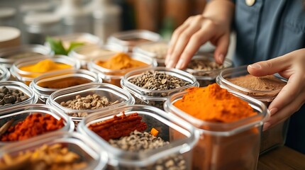 A busy person quickly organizes colorful spices into a stack of clear plastic containers in a kitchen. Their hands move deftly, showcasing the ease of storage and visibility of contents.