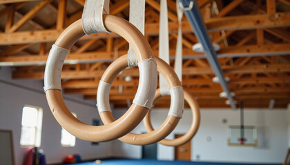 Gymnastic rings hanging from ceiling in sports gym with wooden beams  