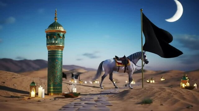Surreal Muharram video: crescent moon, black petals, white horse, rocking cradle, broken swords, weeping willow, glowing dome, &ldquo;Ya Hussain&rdquo; in stars&mdash;symbolic mourning.

