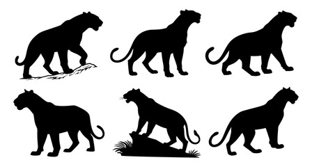 Silhouettes of panthers in various poses