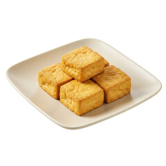 Golden fried tofu cubes on square plate
