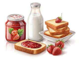 Delicious breakfast spread with toast strawberry jam fresh strawberries and milk isolated on white background