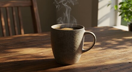 Morning sunlight hitting a ceramic coffee mug on a rustic table with cozy cloth and fresh air